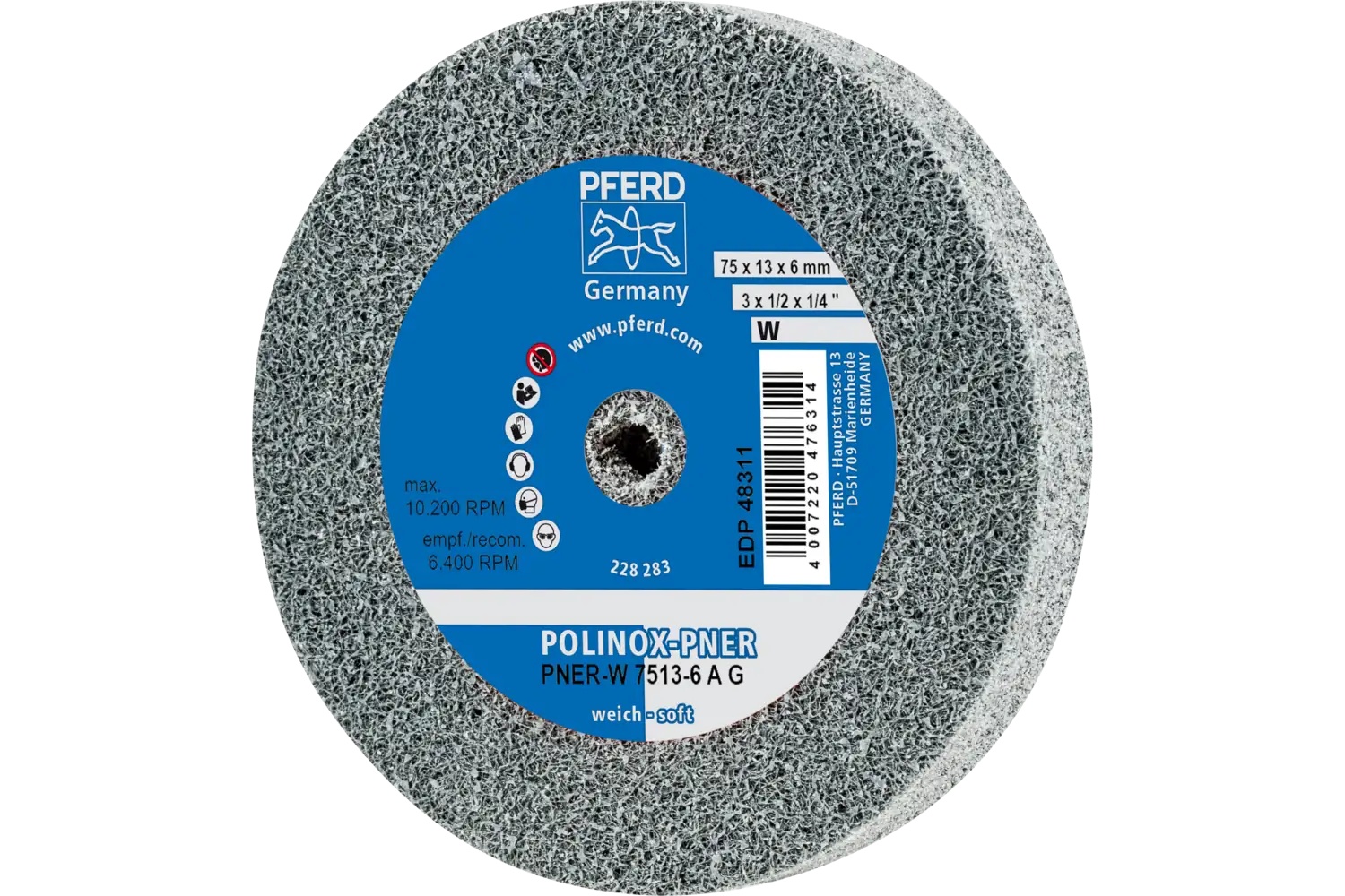 Picture of Pferd Polinox® Unitized Wheel, 3" X 1/2 X 1/4, Coarse, Soft, 8Am, Aluminum Oxide